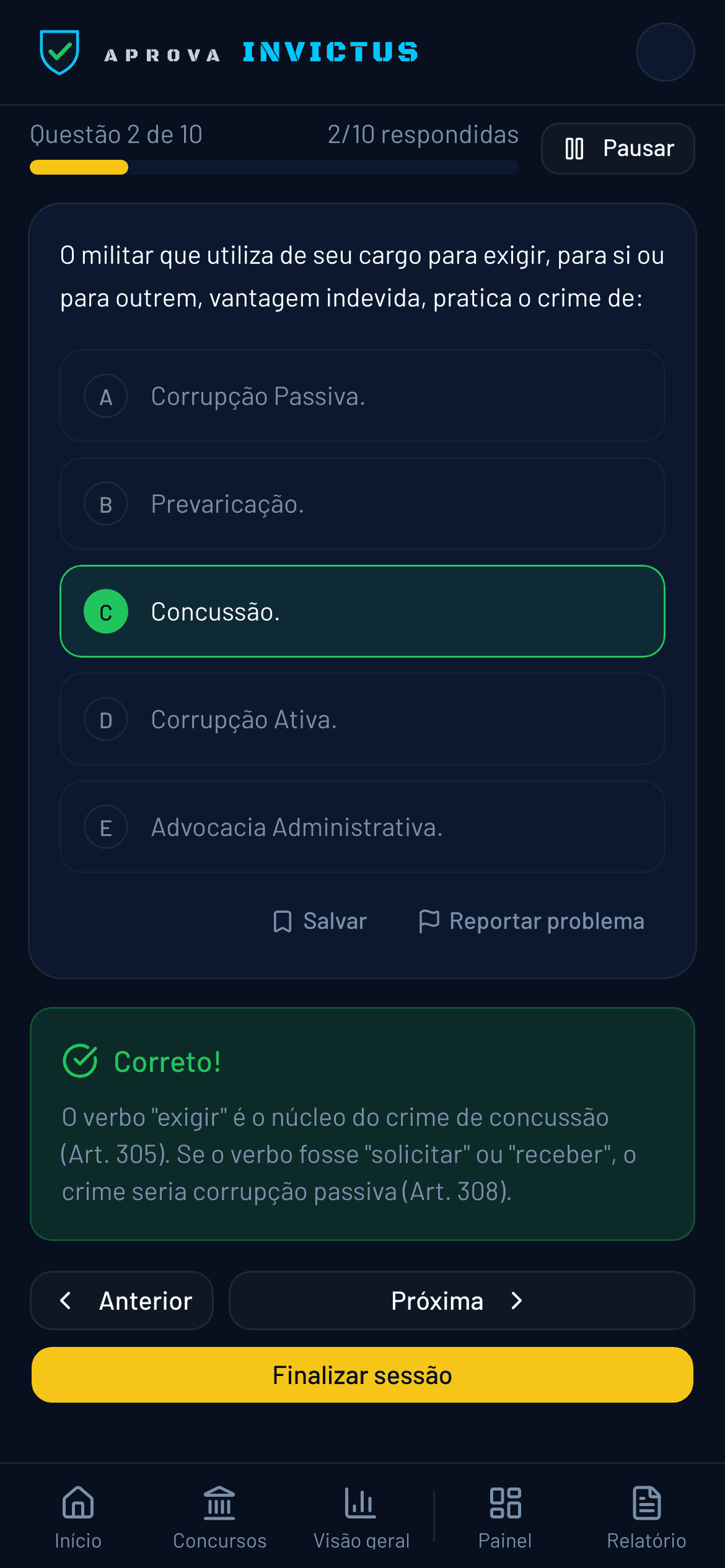 Tela de questão com a alternativa correta destacada e a explicação abaixo